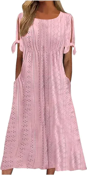 Maxi Long Dresses for Women 2025 Trendy Short Sleeve Eyelet Wedding Party Dress Casual Summer Beach Vacation Sundress