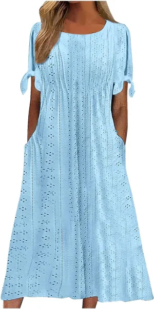 Maxi Long Dresses for Women 2025 Trendy Short Sleeve Eyelet Wedding Party Dress Casual Summer Beach Vacation Sundress