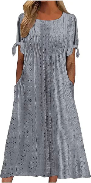 Maxi Long Dresses for Women 2025 Trendy Short Sleeve Eyelet Wedding Party Dress Casual Summer Beach Vacation Sundress