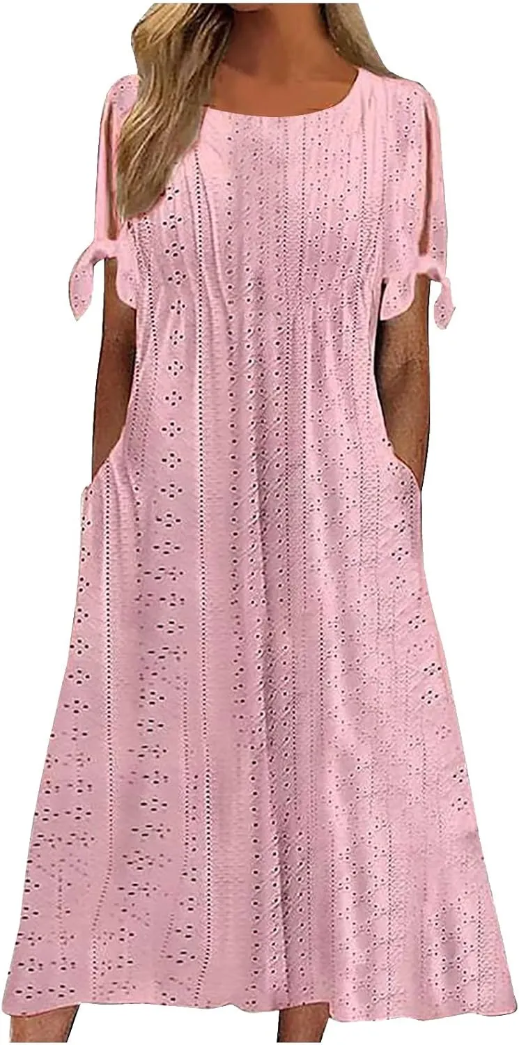 Maxi Long Dresses for Women 2025 Trendy Short Sleeve Eyelet Wedding Party Dress Casual Summer Beach Vacation Sundress