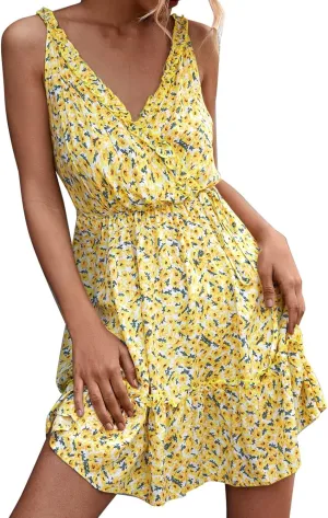 Maxi Sundresses for Women Women's Dresses Summer Floral Printed Ruffle Hem Sleeveless V Neck Beach Mini (Yellow, L)