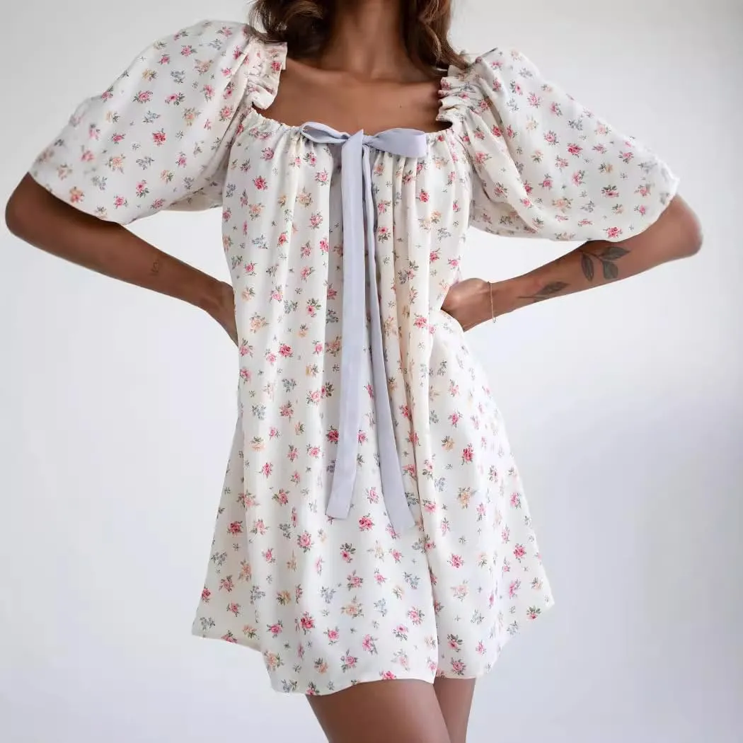 Melliflo Women's 2025 Summer Floral Puff Sleeve Plaid Mini Dress Square Neck Gingham Checkered Short Dresses