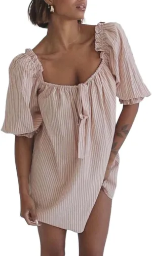 Melliflo Women's 2025 Summer Floral Puff Sleeve Plaid Mini Dress Square Neck Gingham Checkered Short Dresses