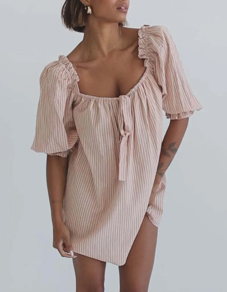 Melliflo Women's 2025 Summer Floral Puff Sleeve Plaid Mini Dress Square Neck Gingham Checkered Short Dresses