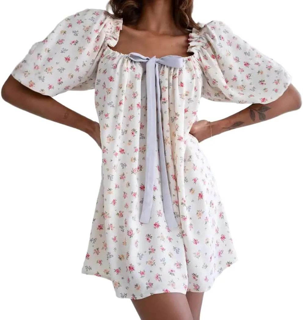 Melliflo Women's 2025 Summer Floral Puff Sleeve Plaid Mini Dress Square Neck Gingham Checkered Short Dresses