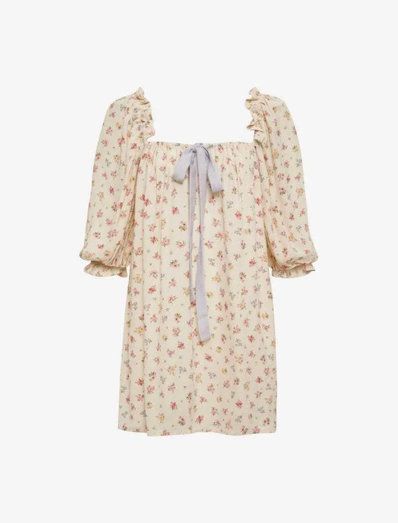 Melliflo Women's 2025 Summer Floral Puff Sleeve Plaid Mini Dress Square Neck Gingham Checkered Short Dresses
