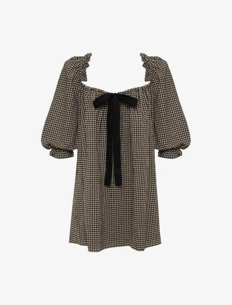 Melliflo Women's 2025 Summer Floral Puff Sleeve Plaid Mini Dress Square Neck Gingham Checkered Short Dresses
