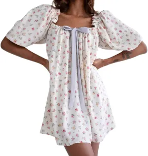 Melliflo Women's 2025 Summer Floral Puff Sleeve Plaid Mini Dress Square Neck Gingham Checkered Short Dresses