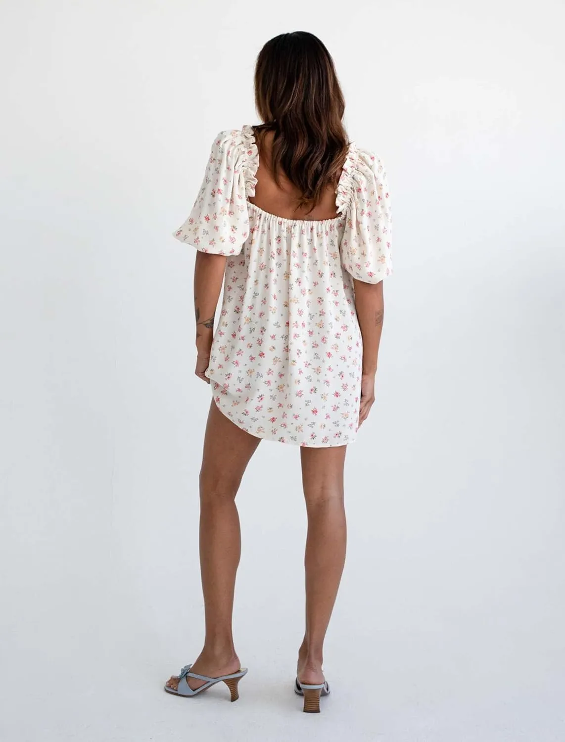 Melliflo Women's 2025 Summer Floral Puff Sleeve Plaid Mini Dress Square Neck Gingham Checkered Short Dresses