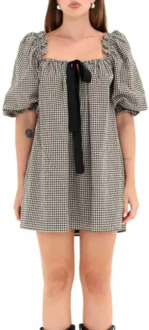 Melliflo Women's 2025 Summer Floral Puff Sleeve Plaid Mini Dress Square Neck Gingham Checkered Short Dresses