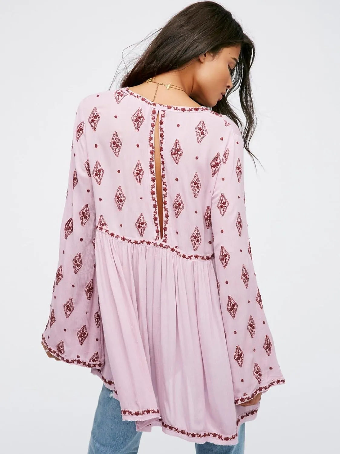 Melliflo Womens Floral Embroidered Ruffle Flowy Tunic Dress Deep V Neck Long Sleeve Loose Fall Fashion Boho Mini Dress