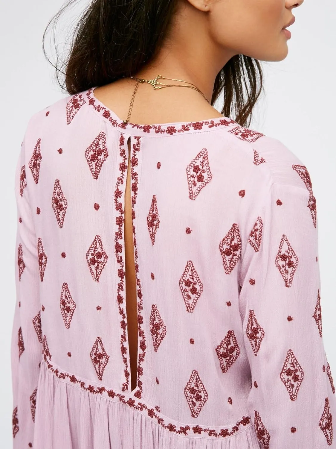 Melliflo Womens Floral Embroidered Ruffle Flowy Tunic Dress Deep V Neck Long Sleeve Loose Fall Fashion Boho Mini Dress