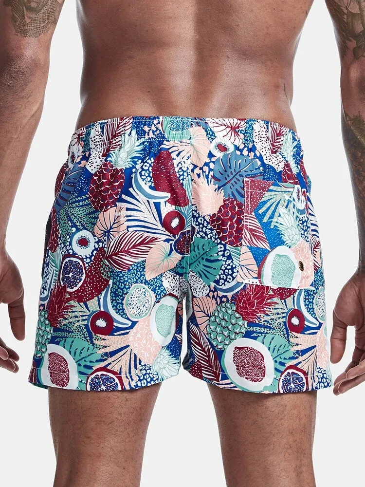 Mens Tropical Print Drawstring Quick Dry Board Shorts