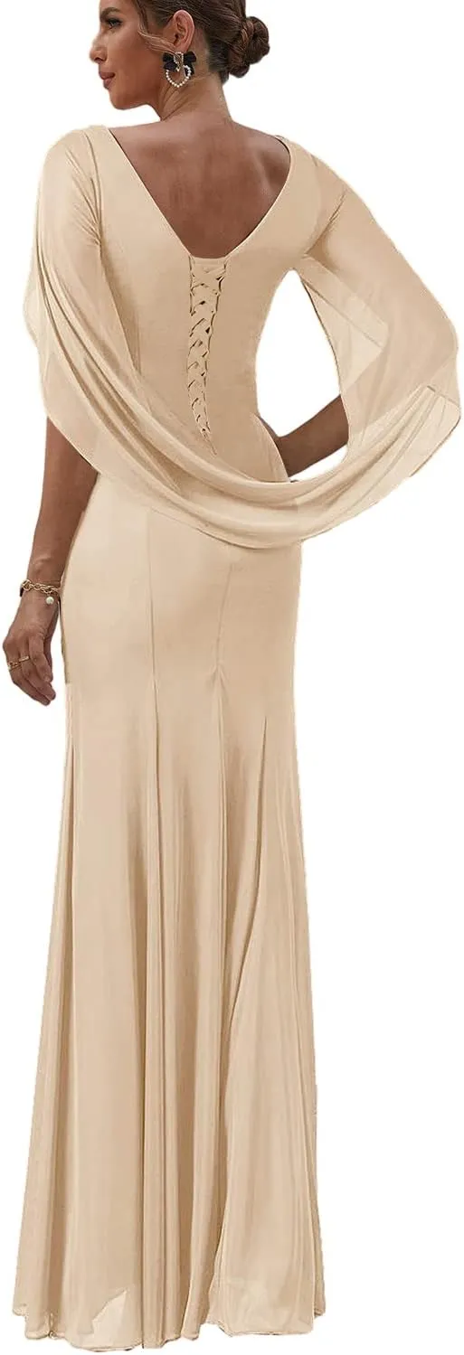 Mermaid Mother of The Bride Dresses with Cape Chiffon Long Formal Dress for Women Wedding Guest