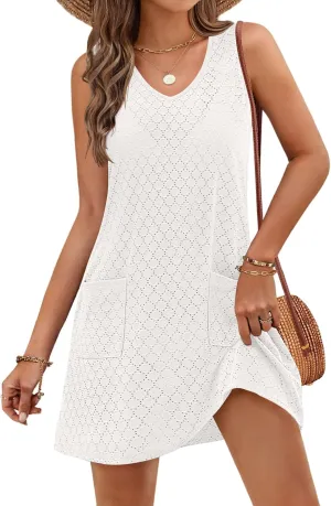 MEROKEETY Women's Summer Sleeveless Swimsuit Coverup 2025 Casual V Neck Eyelet Mini Dress Beach Sundresses