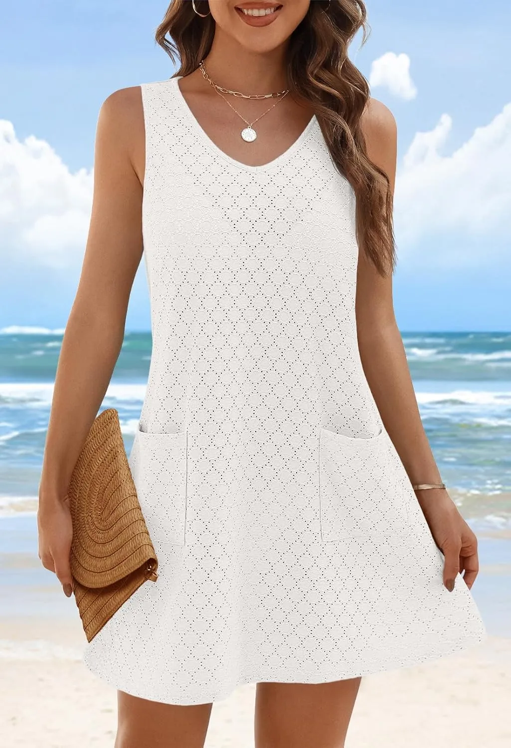 MEROKEETY Women's Summer Sleeveless Swimsuit Coverup 2025 Casual V Neck Eyelet Mini Dress Beach Sundresses