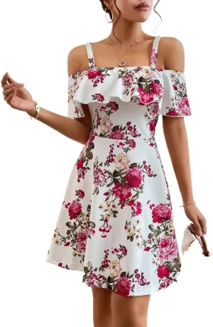 METOES Women's Spring Summer 2023 Boho Mini Short Dress Short Sleeve Floral Print Cold Shoulder Ruffle Trim Dress