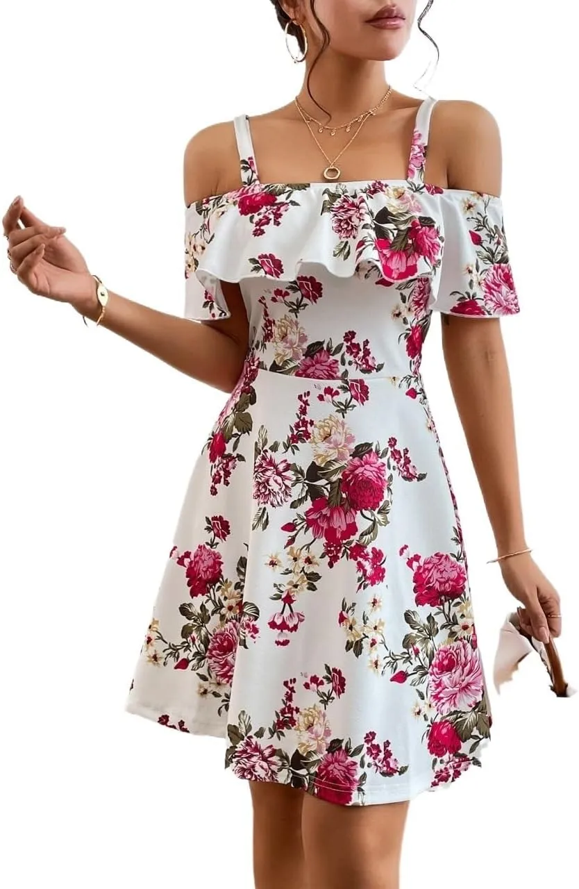 METOES Women's Spring Summer 2023 Boho Mini Short Dress Short Sleeve Floral Print Cold Shoulder Ruffle Trim Dress