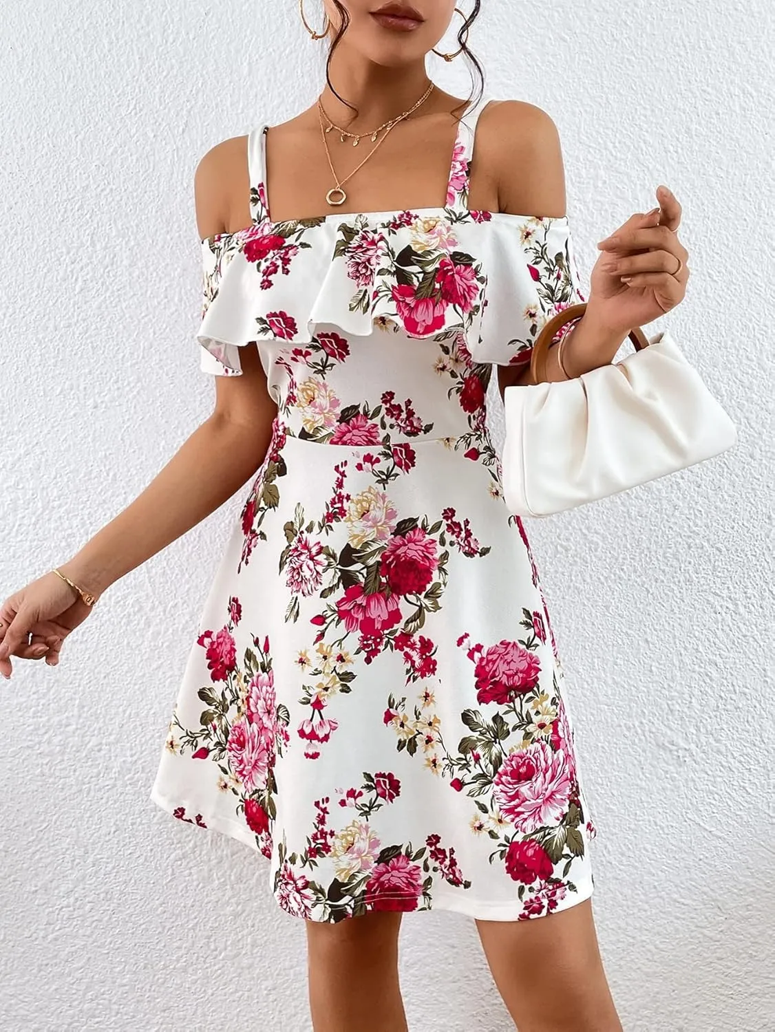 METOES Women's Spring Summer 2023 Boho Mini Short Dress Short Sleeve Floral Print Cold Shoulder Ruffle Trim Dress