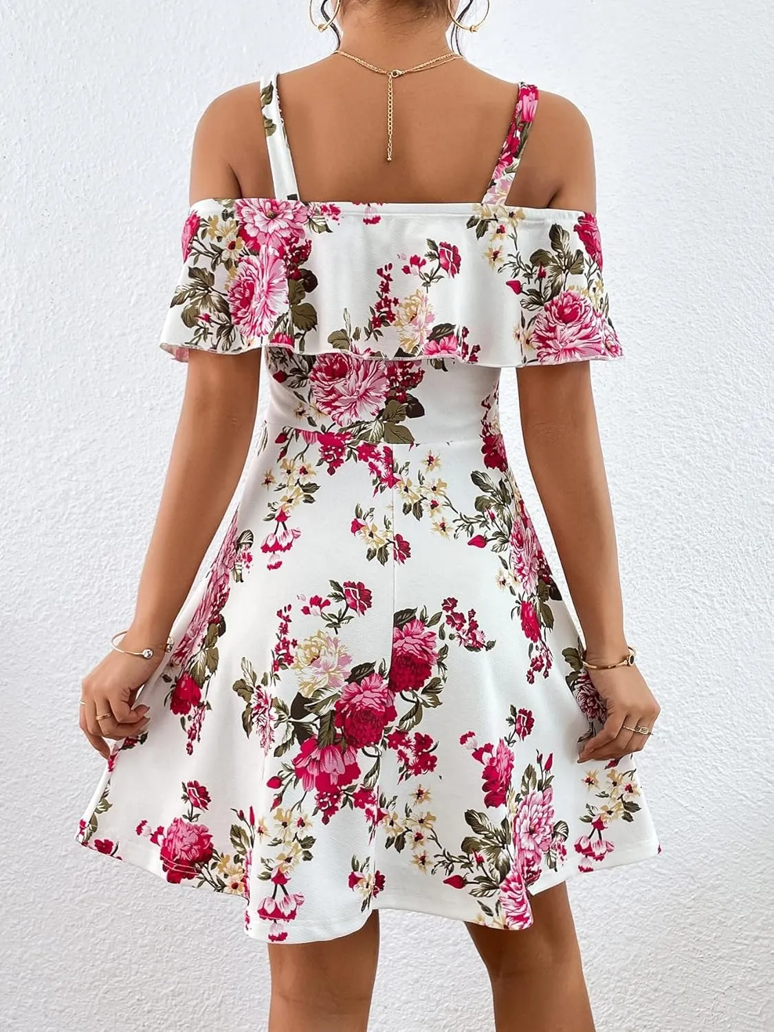 METOES Women's Spring Summer 2023 Boho Mini Short Dress Short Sleeve Floral Print Cold Shoulder Ruffle Trim Dress