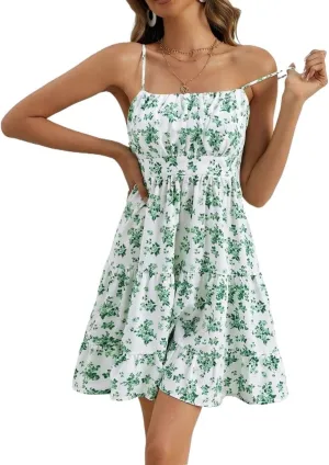 METOES Women's Spring Summer 2023 Boho Mini Short Dress Spaghetti Strap Frenchy Floral Print Ruffle Hem Cami Dress