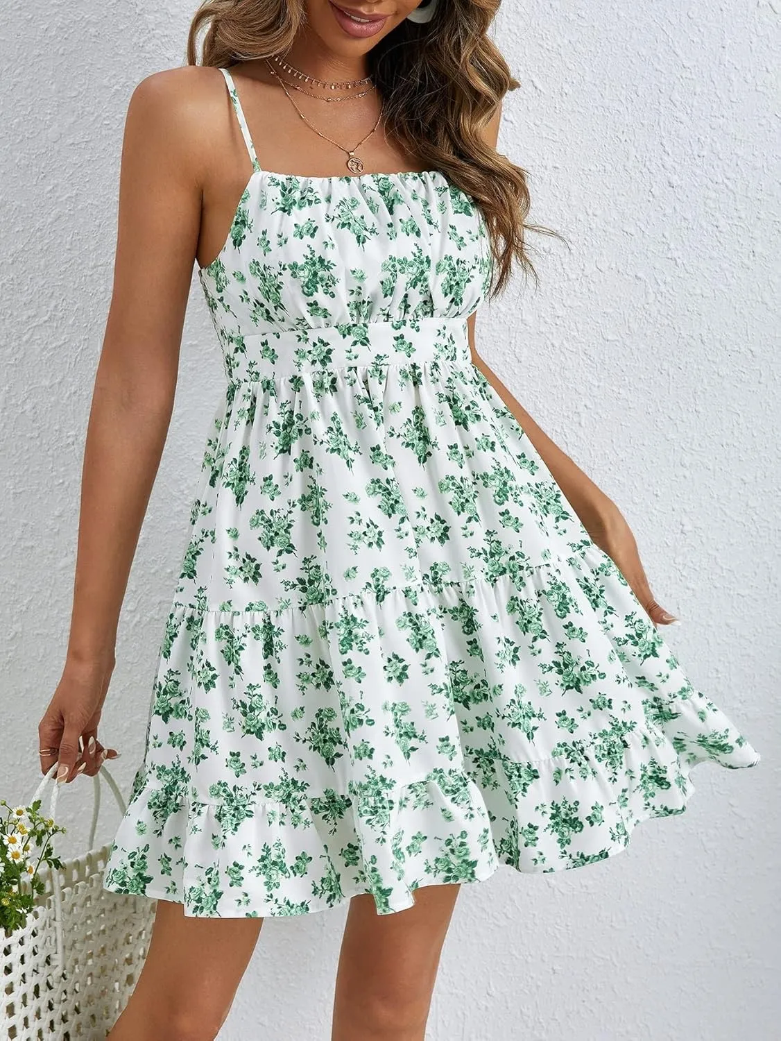 METOES Women's Spring Summer 2023 Boho Mini Short Dress Spaghetti Strap Frenchy Floral Print Ruffle Hem Cami Dress