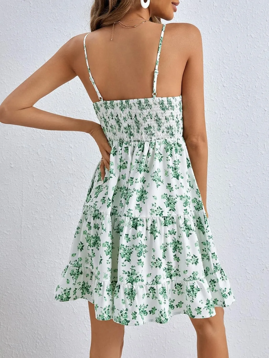 METOES Women's Spring Summer 2023 Boho Mini Short Dress Spaghetti Strap Frenchy Floral Print Ruffle Hem Cami Dress