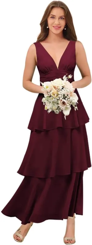 Miao Duo Women's Simple Chiffon Tired Bridesmaid Dresses Long V Neck A Line Formal Dresses YZTS246