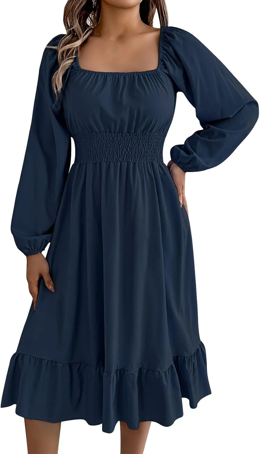 Midi Dresses for Women 2025 Casual Long Sleeve Square Neck Knee Length Ruffle Boho Dress Comfy Vacation Sundress