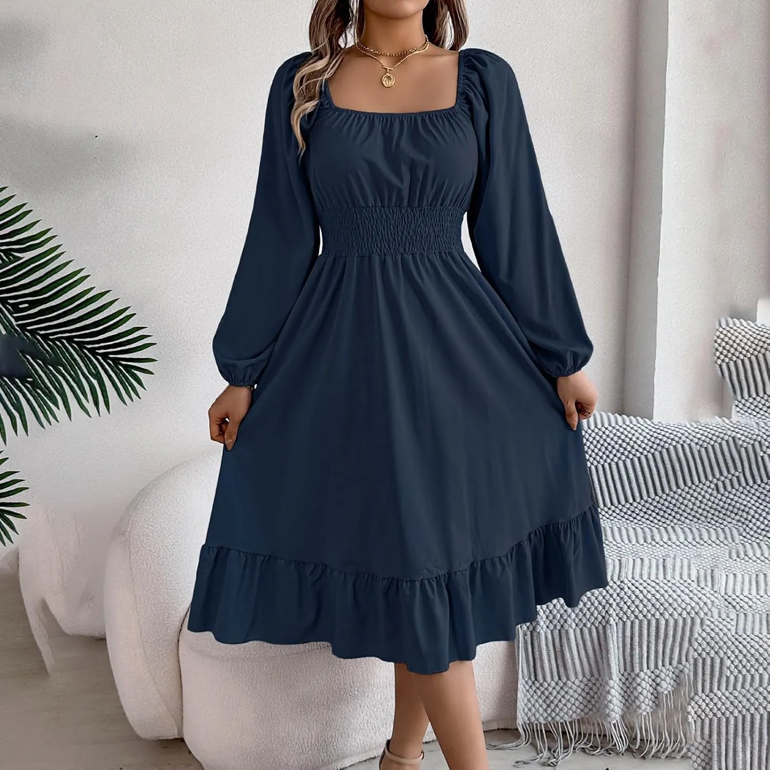 Midi Dresses for Women 2025 Casual Long Sleeve Square Neck Knee Length Ruffle Boho Dress Comfy Vacation Sundress