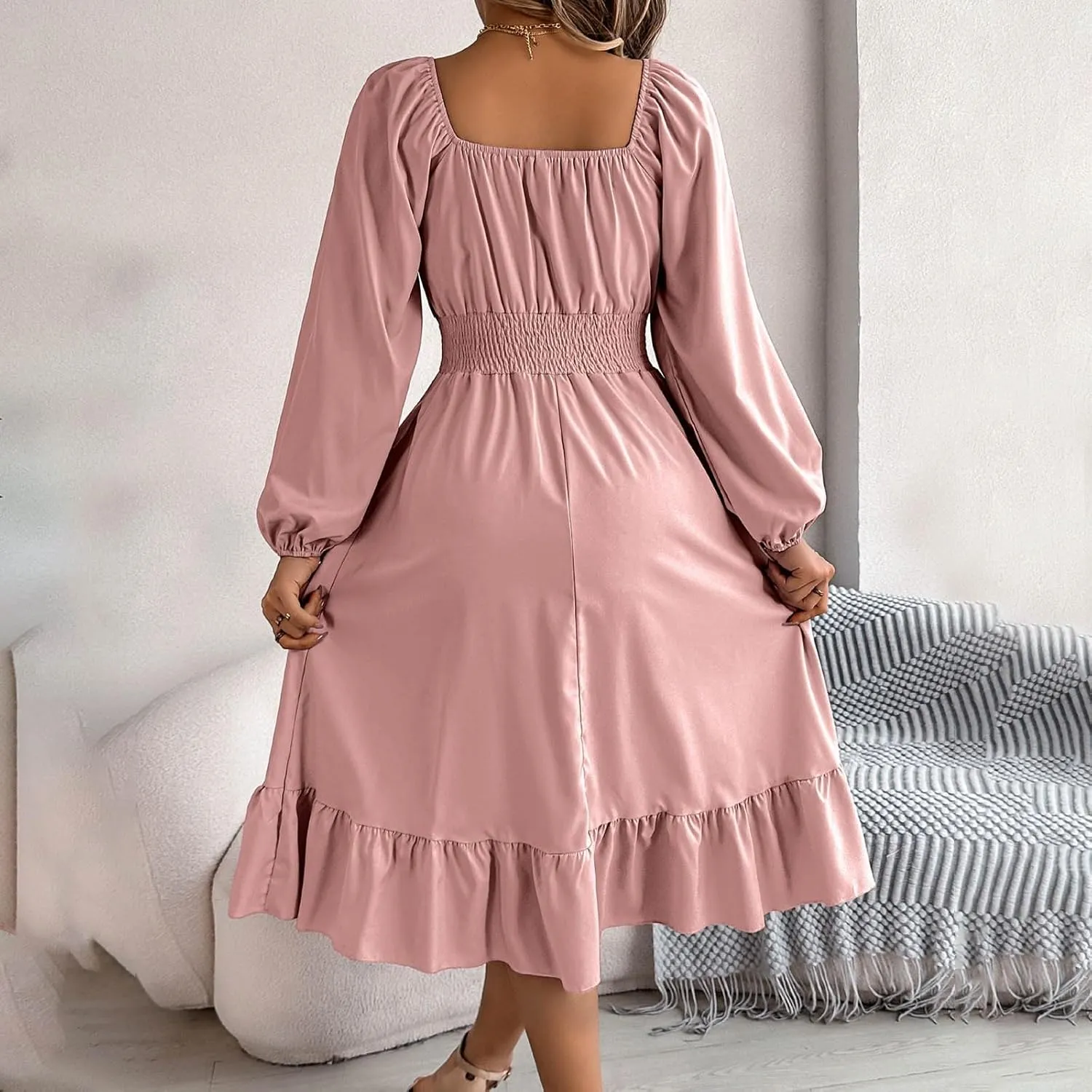 Midi Dresses for Women 2025 Casual Long Sleeve Square Neck Knee Length Ruffle Boho Dress Comfy Vacation Sundress