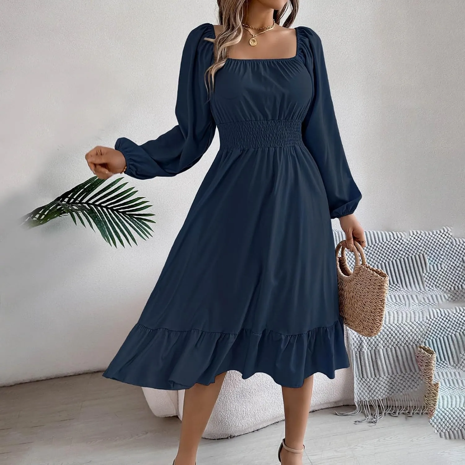 Midi Dresses for Women 2025 Casual Long Sleeve Square Neck Knee Length Ruffle Boho Dress Comfy Vacation Sundress