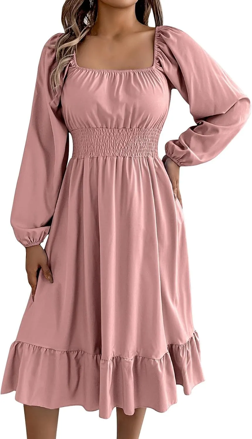 Midi Dresses for Women 2025 Casual Long Sleeve Square Neck Knee Length Ruffle Boho Dress Comfy Vacation Sundress