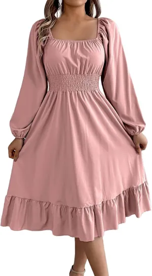 Midi Dresses for Women 2025 Casual Long Sleeve Square Neck Knee Length Ruffle Boho Dress Comfy Vacation Sundress