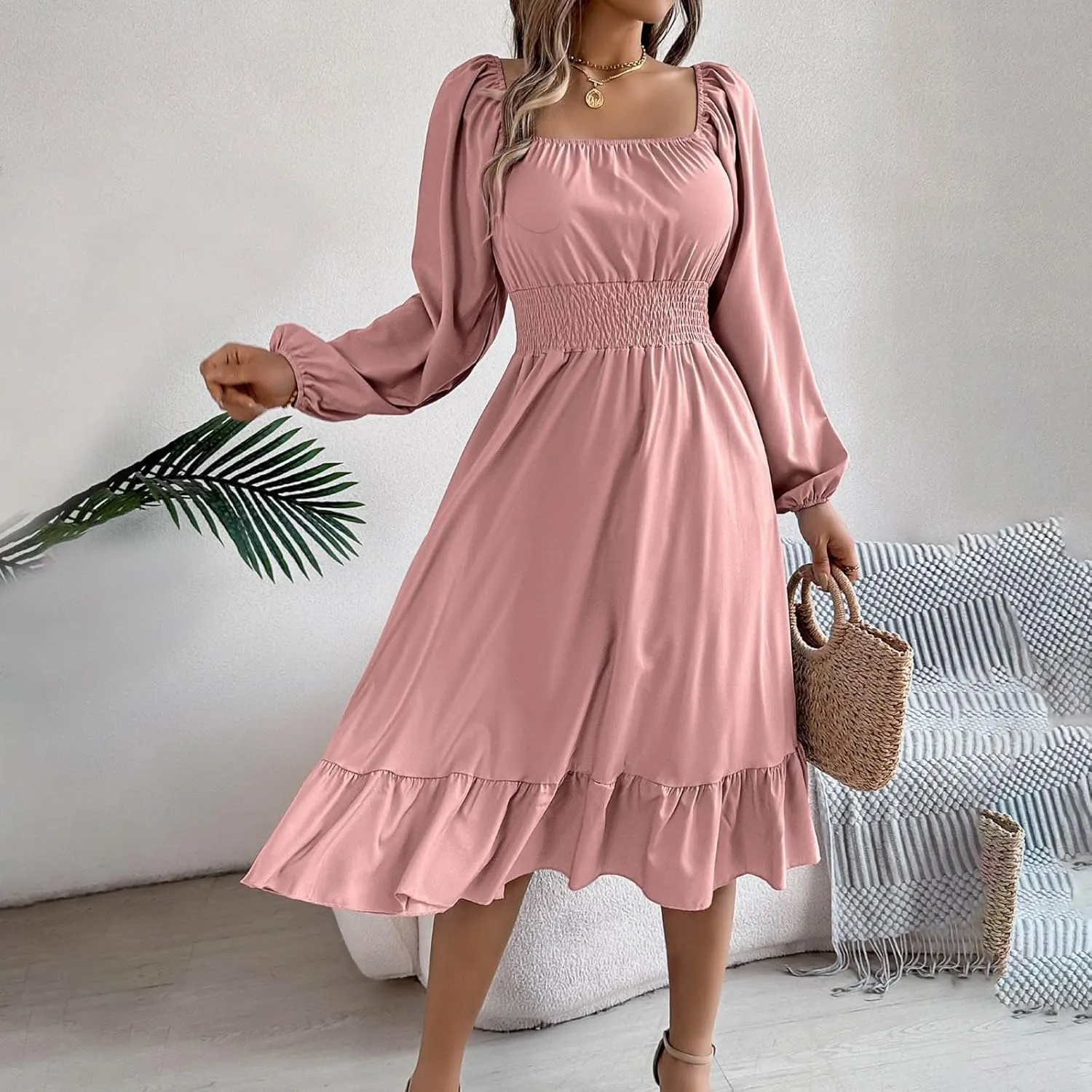 Midi Dresses for Women 2025 Casual Long Sleeve Square Neck Knee Length Ruffle Boho Dress Comfy Vacation Sundress