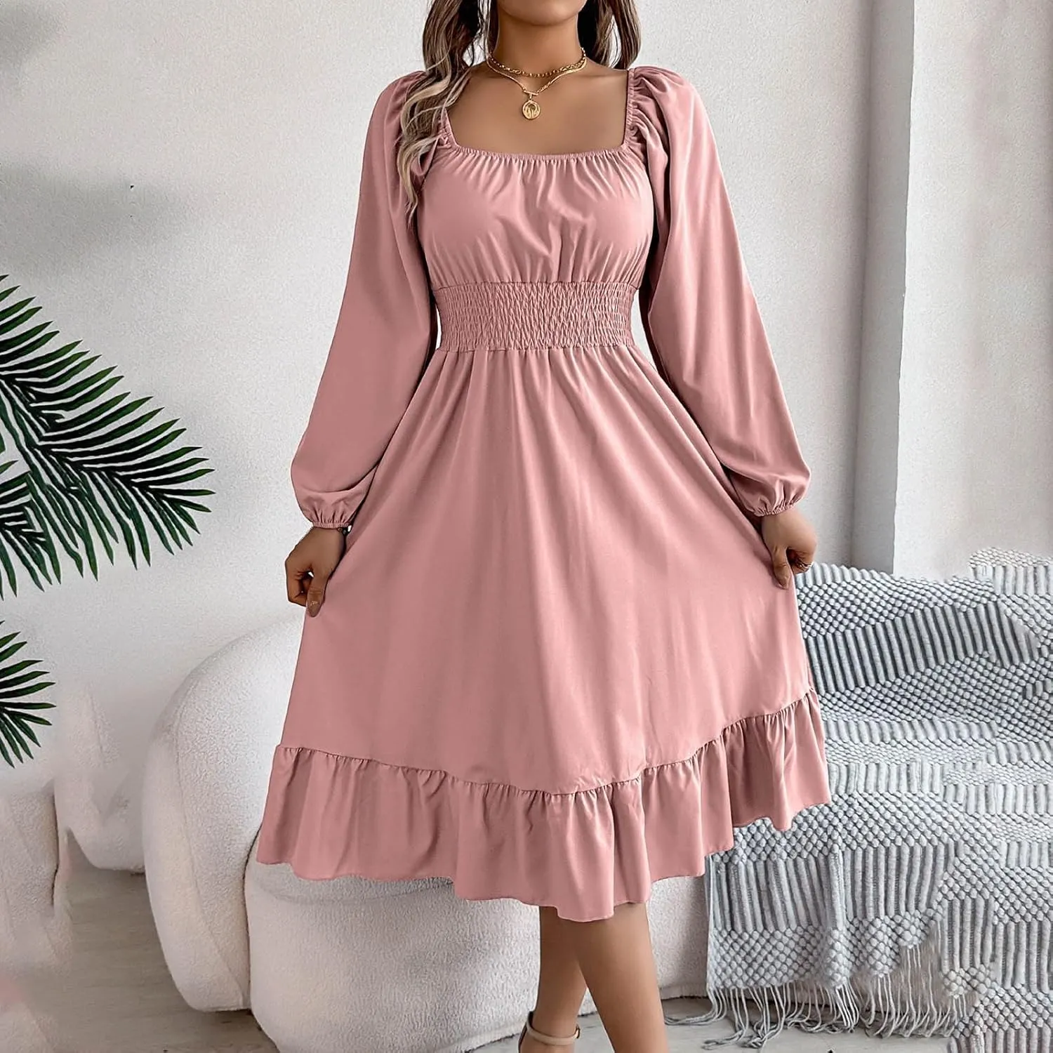 Midi Dresses for Women 2025 Casual Long Sleeve Square Neck Knee Length Ruffle Boho Dress Comfy Vacation Sundress