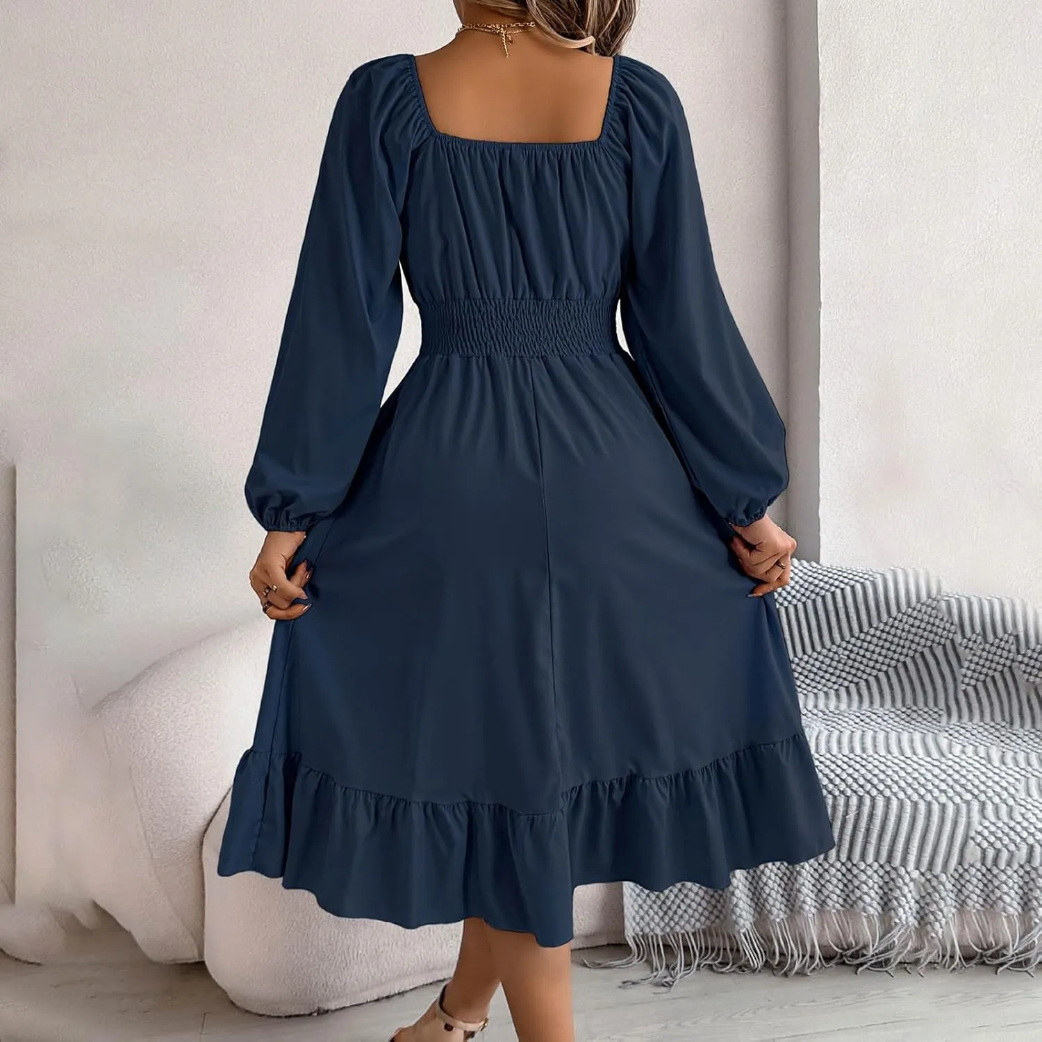 Midi Dresses for Women 2025 Casual Long Sleeve Square Neck Knee Length Ruffle Boho Dress Comfy Vacation Sundress