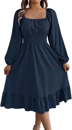Midi Dresses for Women 2025 Casual Long Sleeve Square Neck Knee Length Ruffle Boho Dress Comfy Vacation Sundress