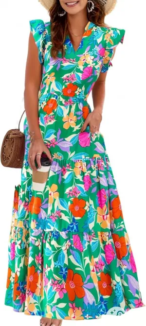 Midi Dresses for Women Floral Flowy Cap Sleeve V Neck A Line Wrap Dress Casual Summer Boho Beach Vacation Sundress