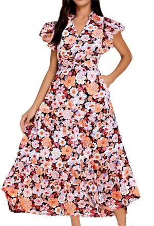 Midi Dresses for Women Floral Flowy Cap Sleeve V Neck A Line Wrap Dress Casual Summer Boho Beach Vacation Sundress
