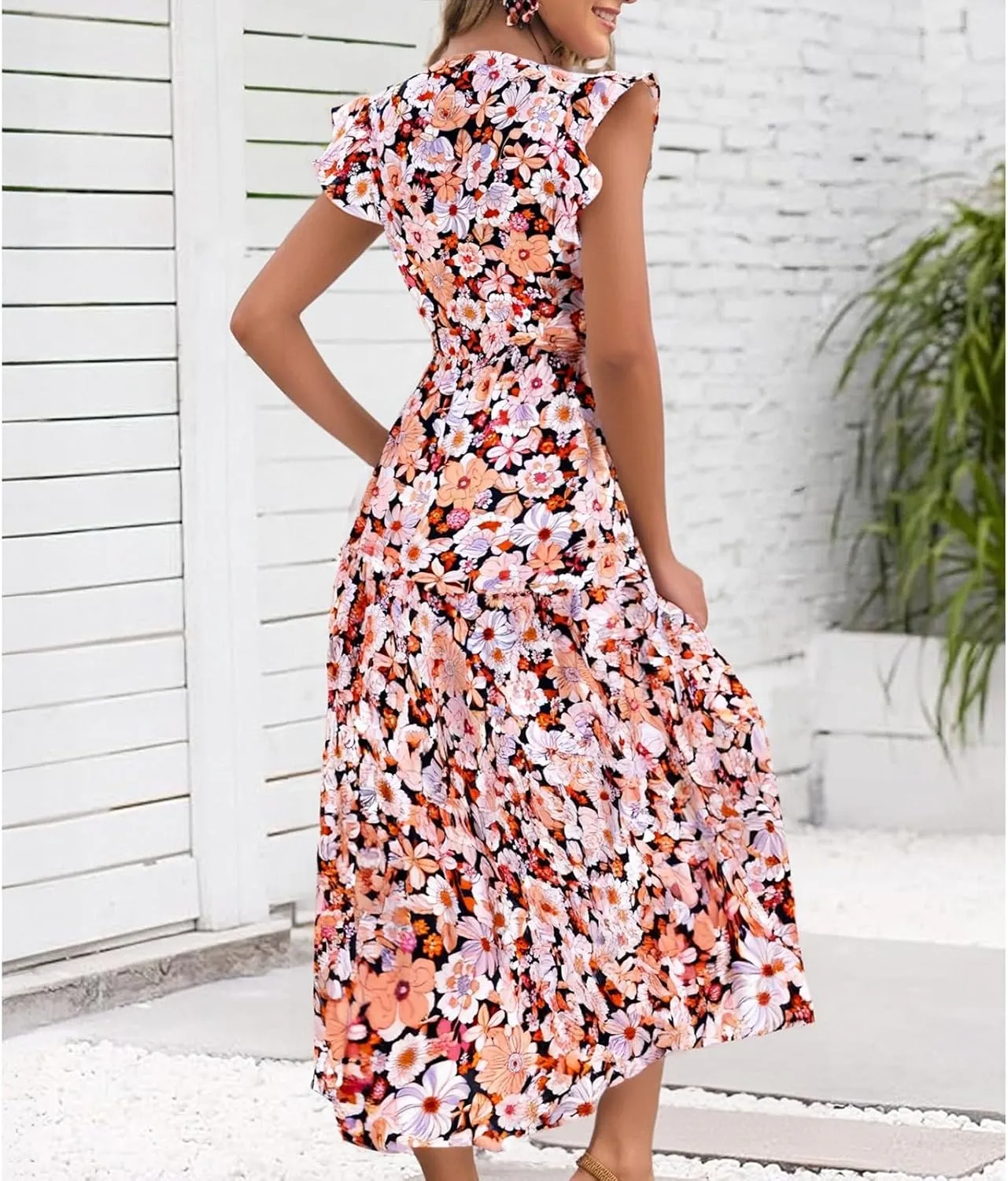 Midi Dresses for Women Floral Flowy Cap Sleeve V Neck A Line Wrap Dress Casual Summer Boho Beach Vacation Sundress