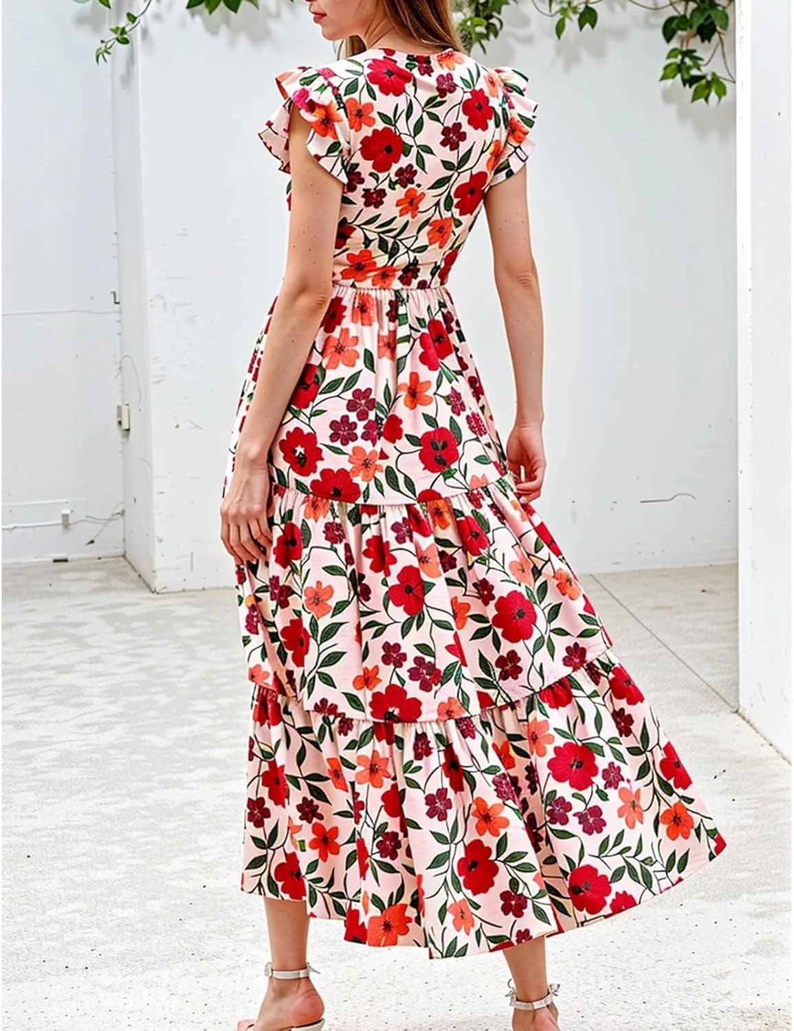 Midi Dresses for Women Floral Flowy Cap Sleeve V Neck A Line Wrap Dress Casual Summer Boho Beach Vacation Sundress