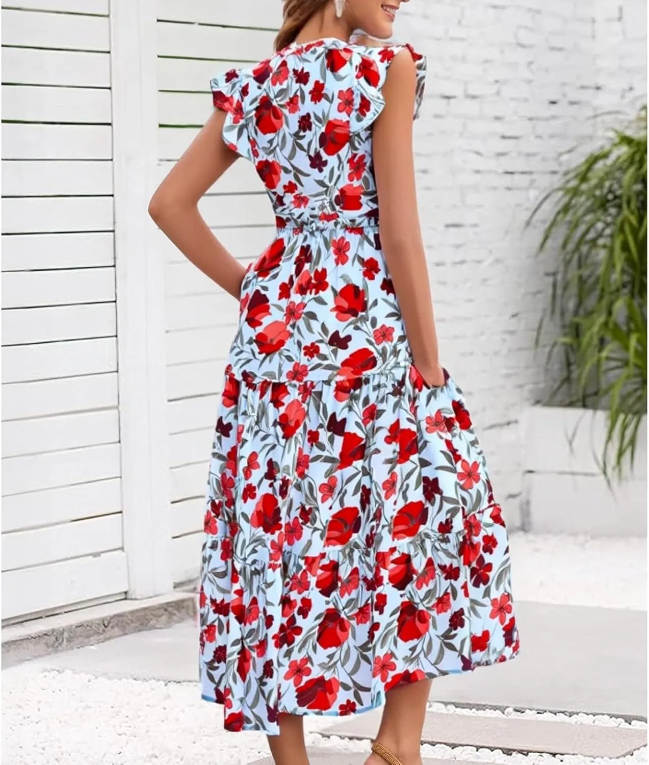 Midi Dresses for Women Floral Flowy Cap Sleeve V Neck A Line Wrap Dress Casual Summer Boho Beach Vacation Sundress