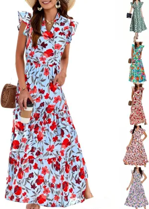 Midi Dresses for Women Floral Flowy Cap Sleeve V Neck A Line Wrap Dress Casual Summer Boho Beach Vacation Sundress