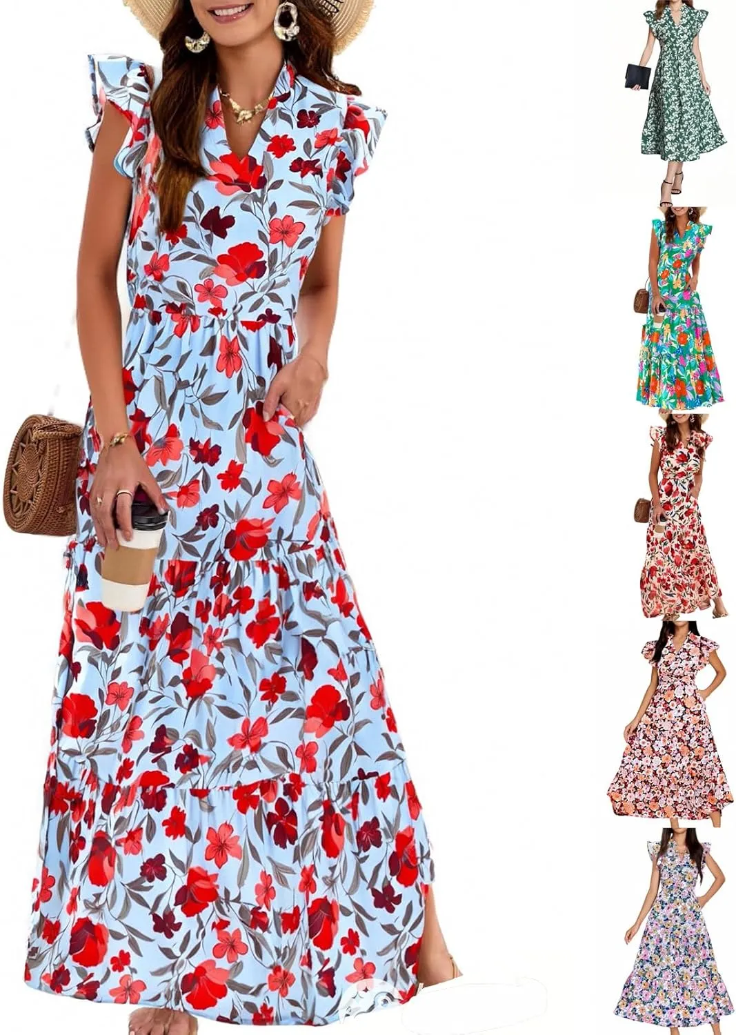 Midi Dresses for Women Floral Flowy Cap Sleeve V Neck A Line Wrap Dress Casual Summer Boho Beach Vacation Sundress