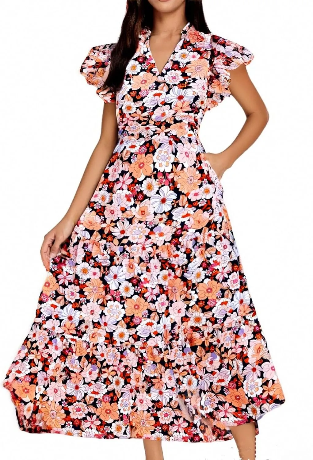 Midi Dresses for Women Floral Flowy Cap Sleeve V Neck A Line Wrap Dress Casual Summer Boho Beach Vacation Sundress