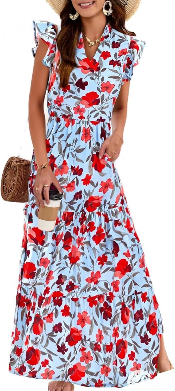 Midi Dresses for Women Floral Flowy Cap Sleeve V Neck A Line Wrap Dress Casual Summer Boho Beach Vacation Sundress