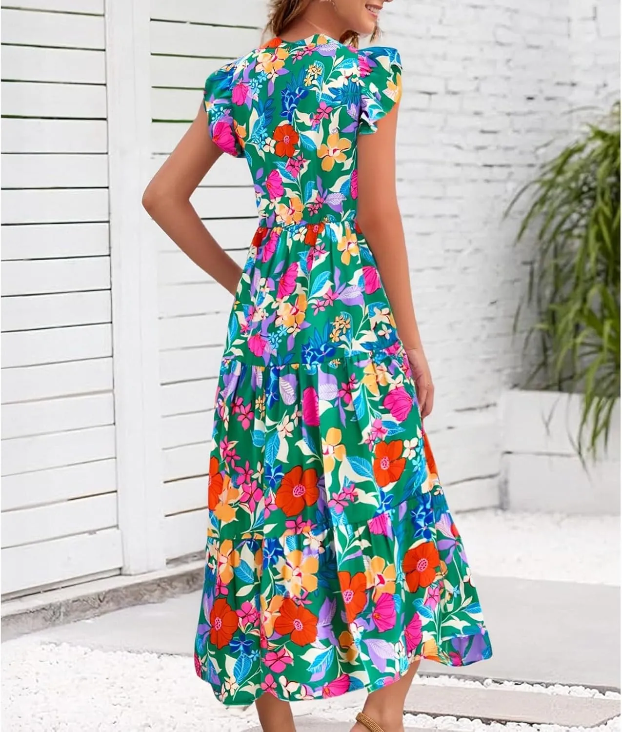 Midi Dresses for Women Floral Flowy Cap Sleeve V Neck A Line Wrap Dress Casual Summer Boho Beach Vacation Sundress