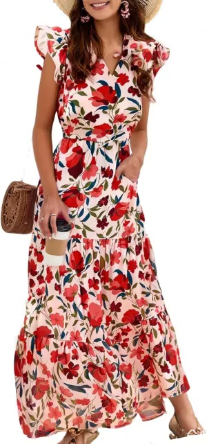 Midi Dresses for Women Floral Flowy Cap Sleeve V Neck A Line Wrap Dress Casual Summer Boho Beach Vacation Sundress