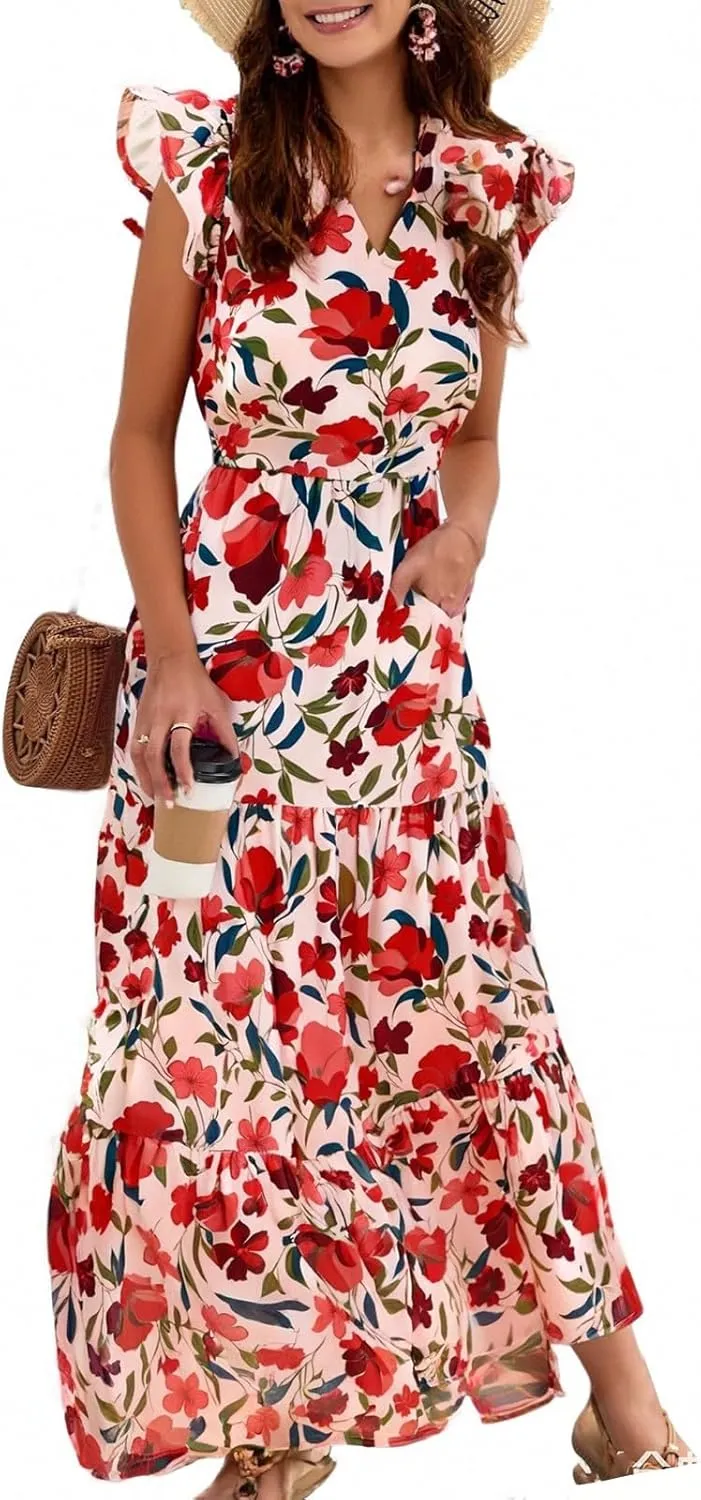 Midi Dresses for Women Floral Flowy Cap Sleeve V Neck A Line Wrap Dress Casual Summer Boho Beach Vacation Sundress